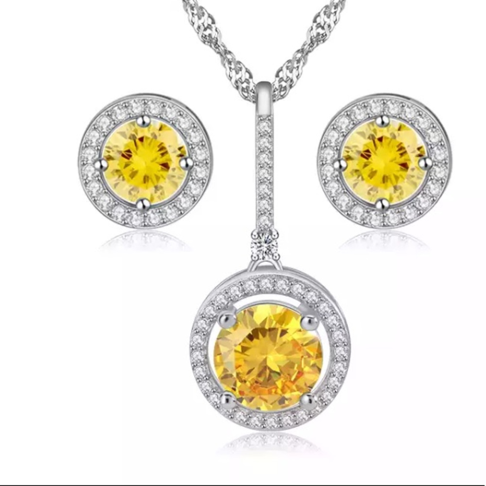 Yellow Zircon CZ Necklace Earrings Jewelry Set